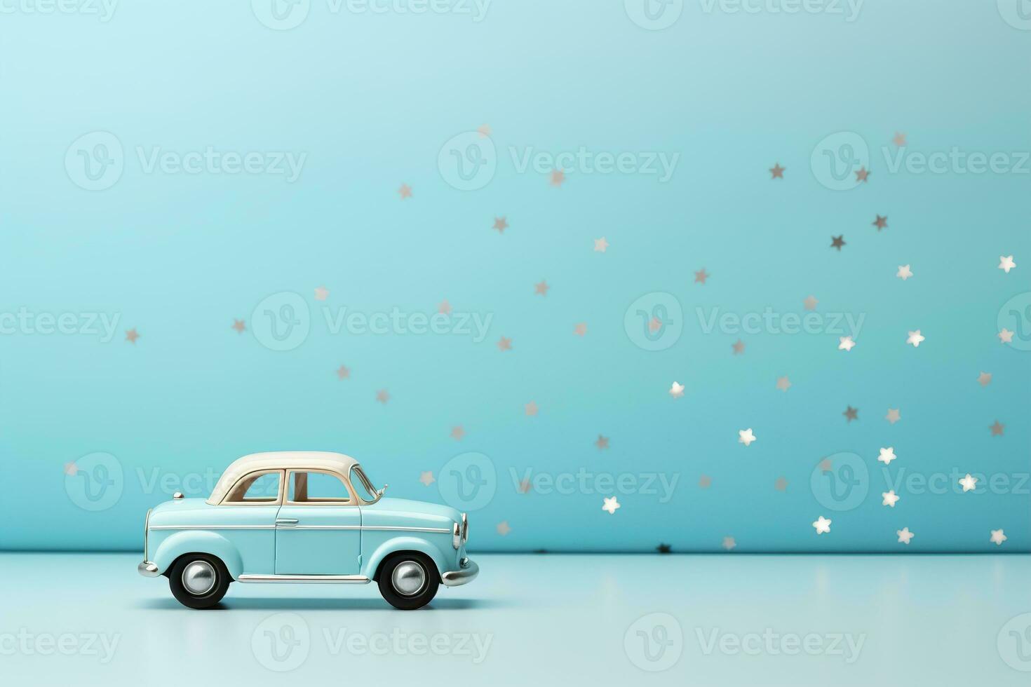 Blue background with toy car and copy space. It's a boy backdrop with empty space for text. Baby shower or birthday invitation, party. Baby boy birth announcement. Men's Day. Generative AI. photo