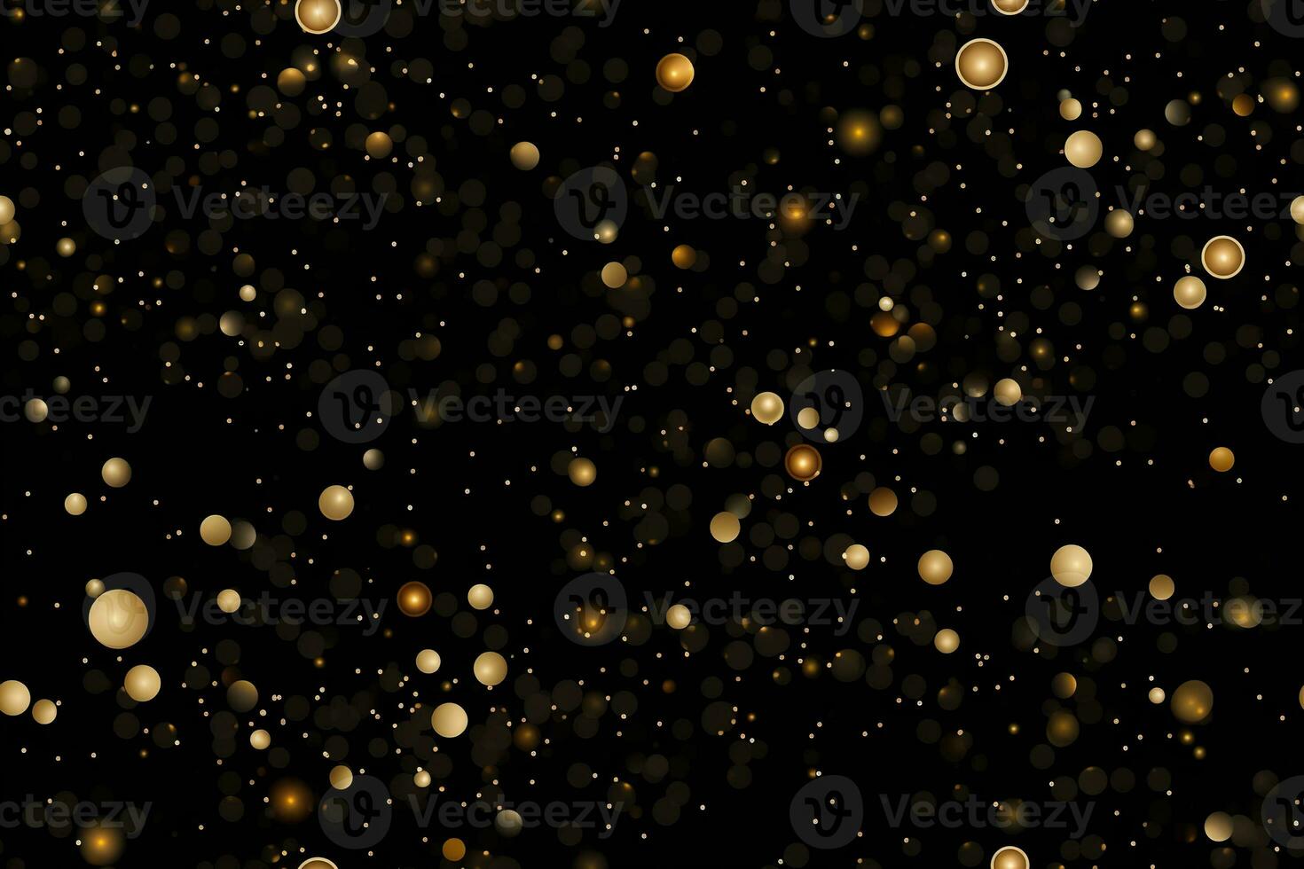 Black seamless pattern with golden glitter, sequins. Applicable for wrapping paper, print. Background with shiny sparkles, particles. Repeatable texture. Celebration, festive, event. Generative AI. photo