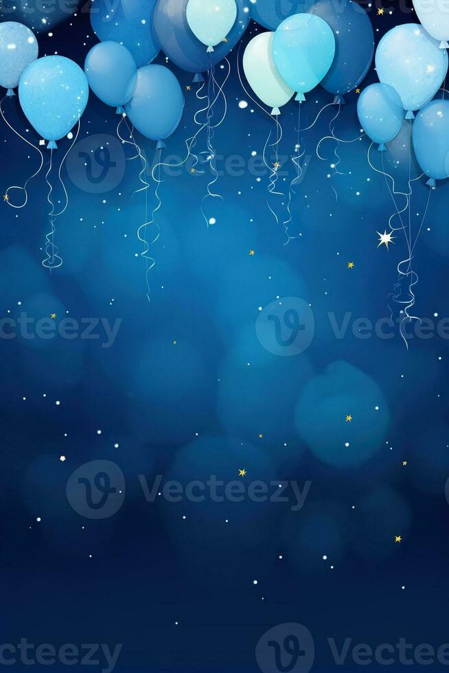 Blue background with balloons, stars and copy space. It’s a boy