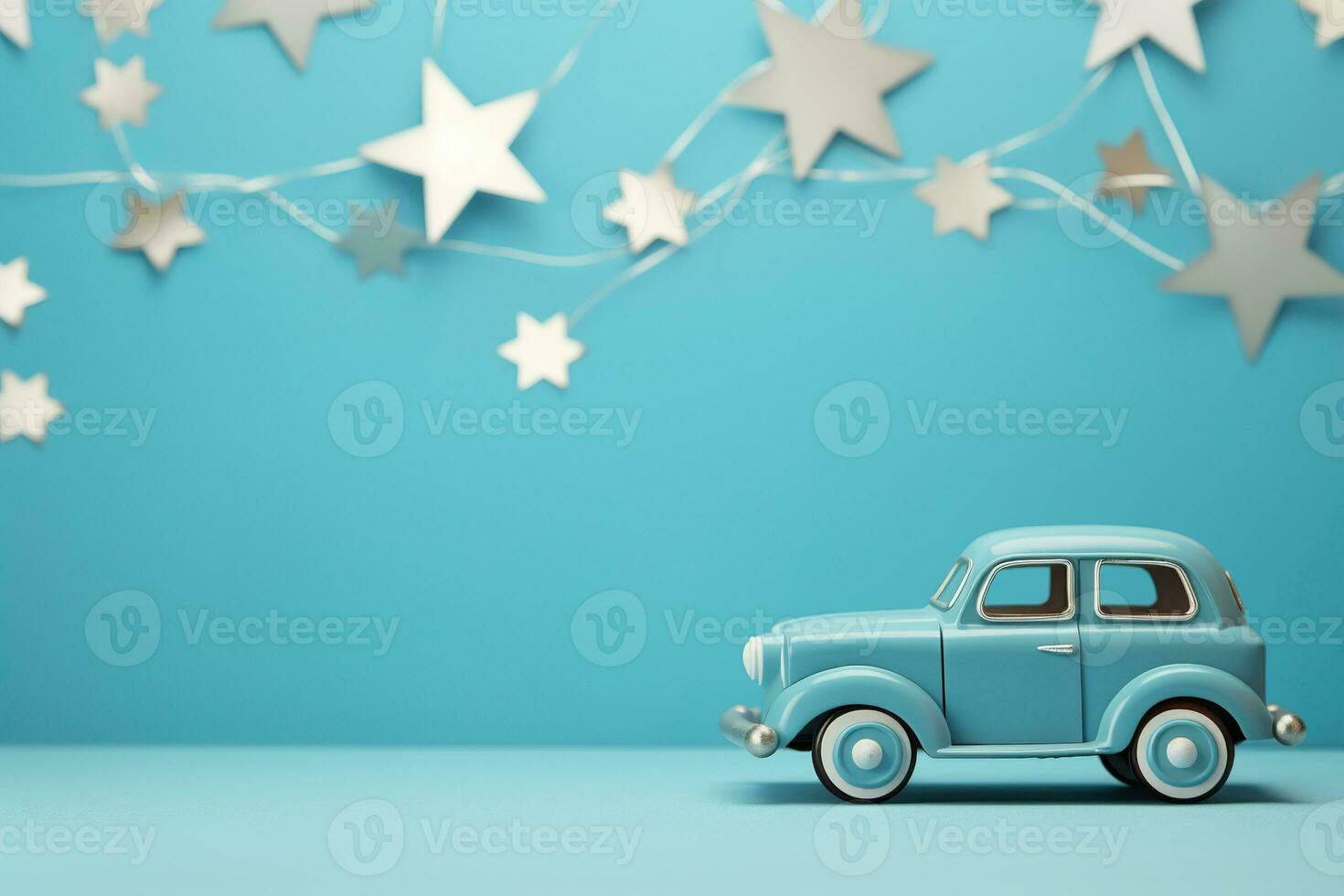 azul antecedentes con juguete coche y Copiar espacio. es un chico fondo con vacío espacio para texto. bebé ducha o cumpleaños invitación, fiesta. bebé chico nacimiento anuncio. de los hombres día. generativo ai. foto