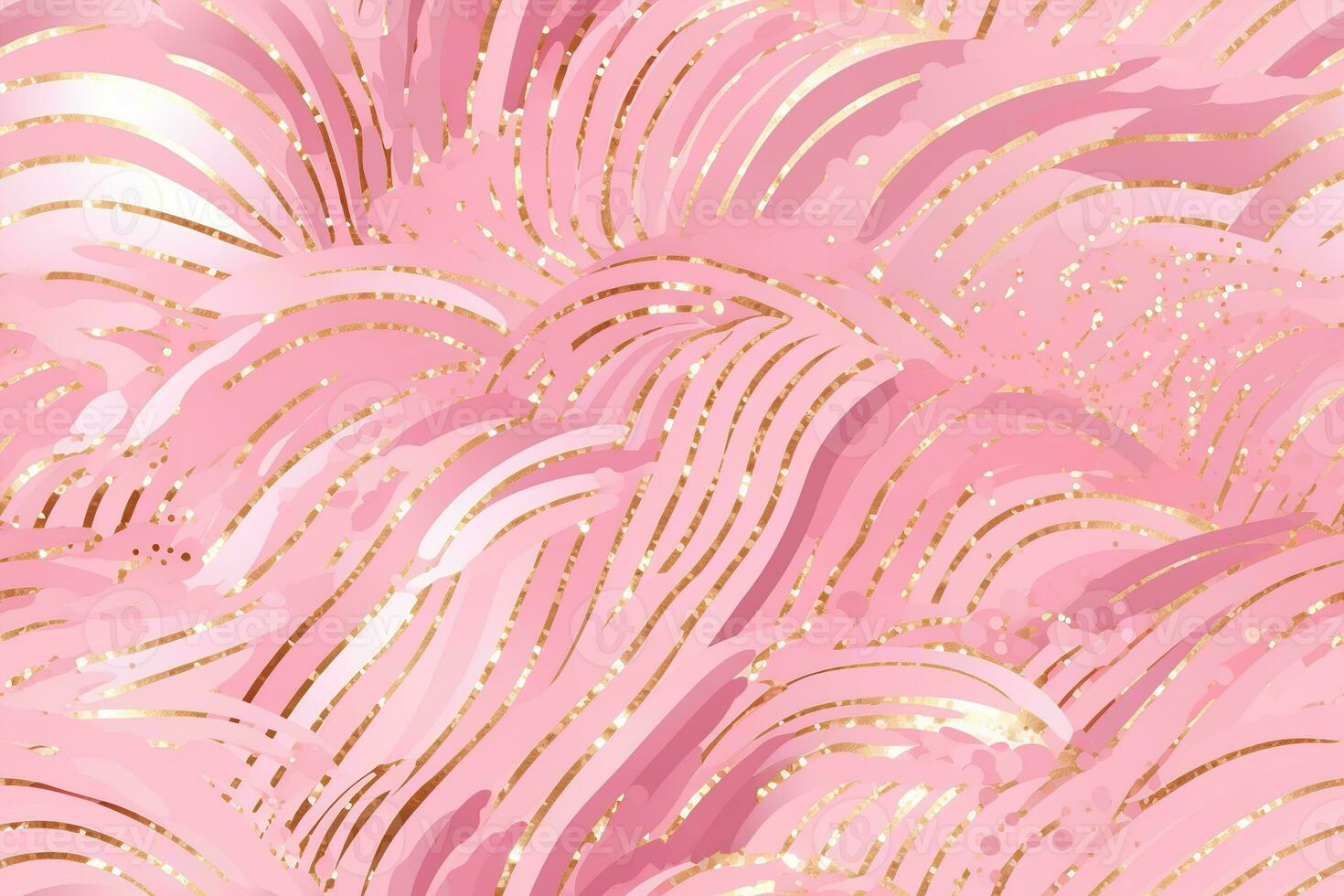 Pink seamless pattern with abstract elements. Applicable for fabric print, textile, wrapping paper, wallpaper. Pink background with shiny golden particles. Repeatable texture. Generative AI. photo