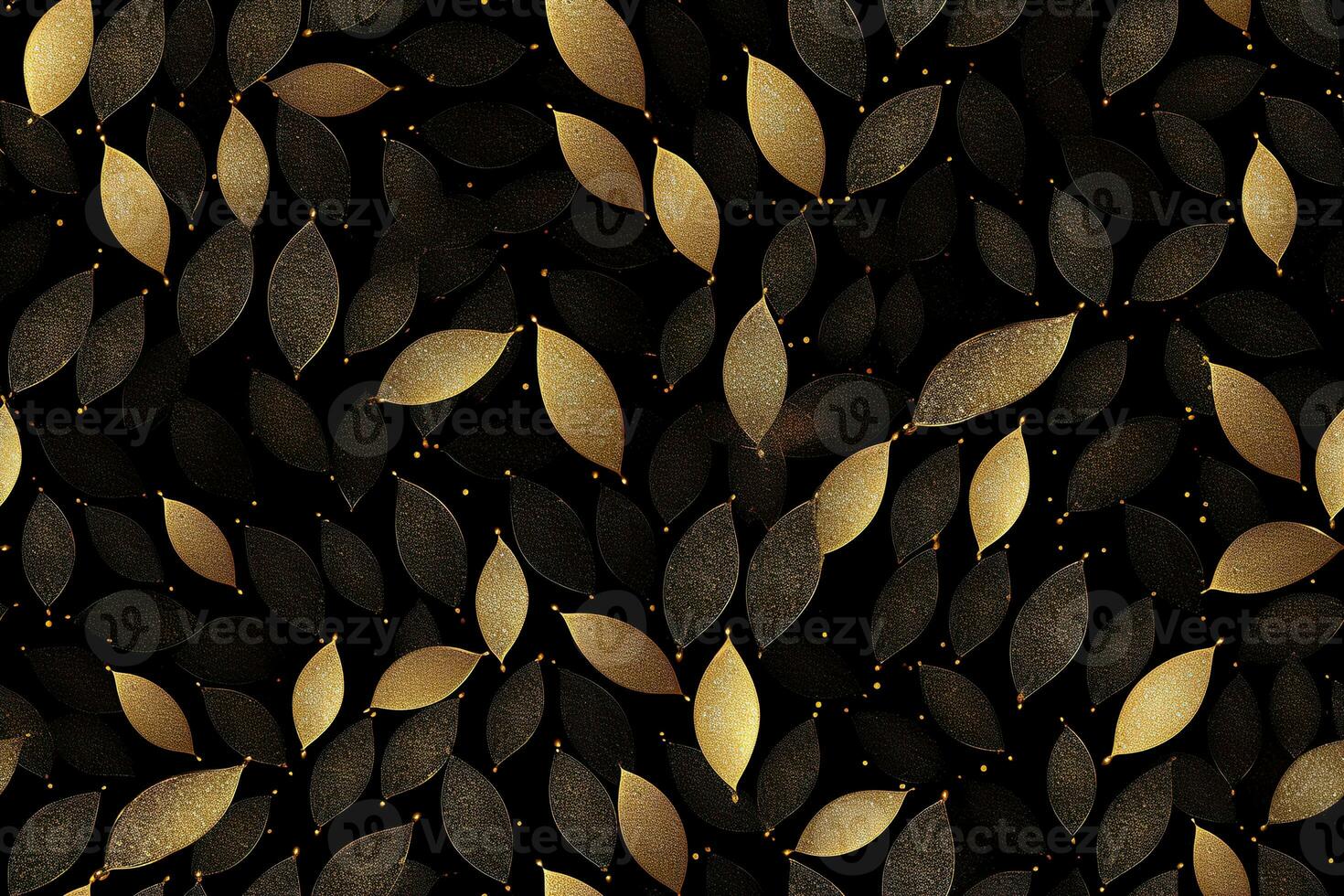 Dark seamless pattern with abstract golden leaves. Applicable for fabric print, textile, wrapping paper, wallpaper. Black background with shiny elements. Repeatable texture. Generative AI. photo