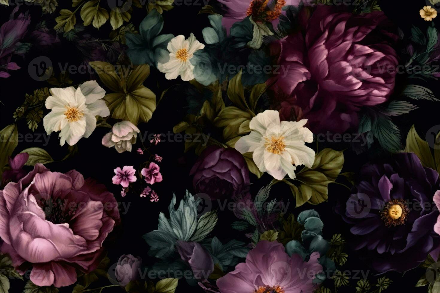 Dark seamless pattern with flowers. Applicable for fabric print, textile, wrapping paper, wallpaper. Botanical background with plants. Vintage, classic style. Repeatable texture. Generative AI. photo
