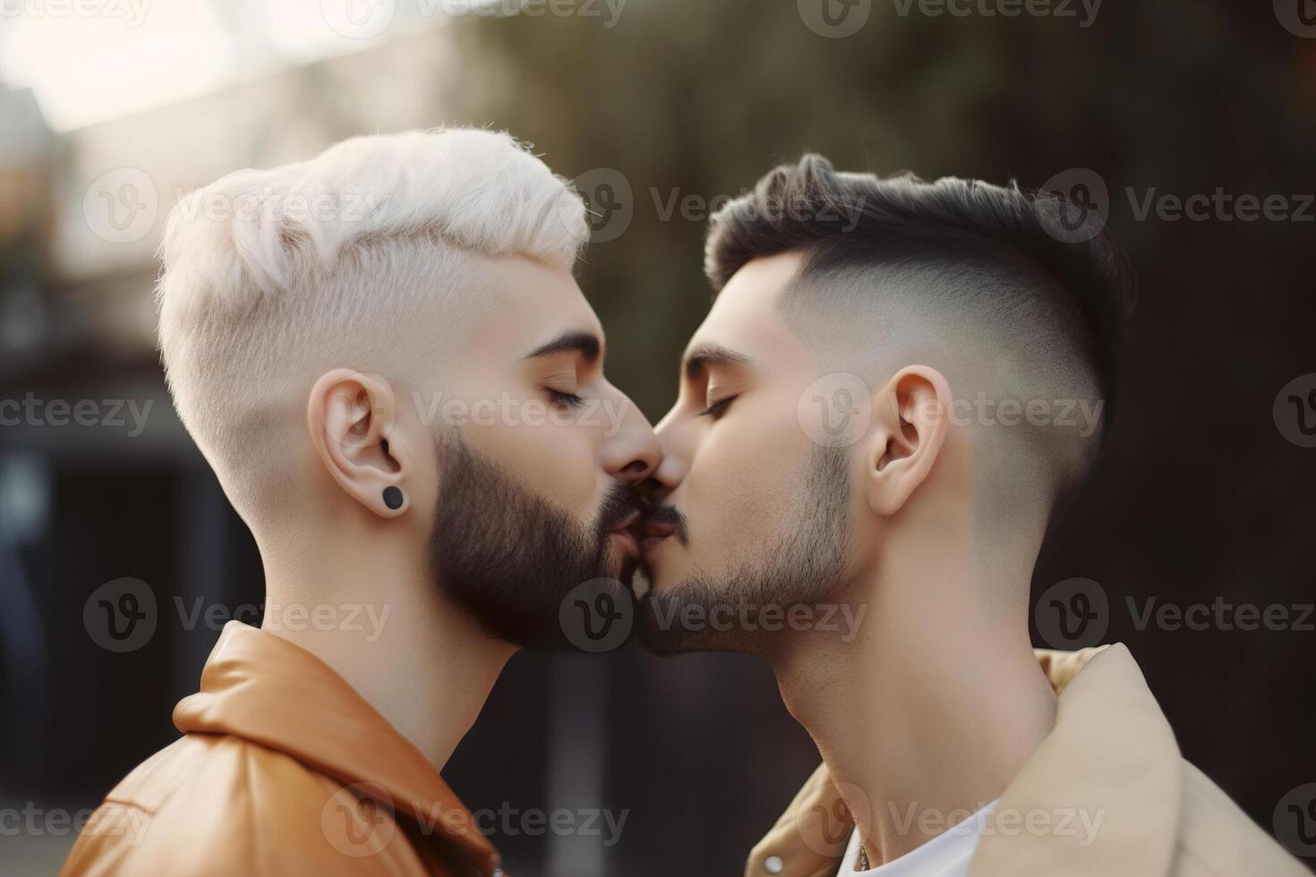 dos joven hombres gasto hora juntos, besando lesbianas, gay pareja, relación. diversidad, homosexualidad. socios con No tradicional sexual orientación. sensual momento. generativo ai. foto