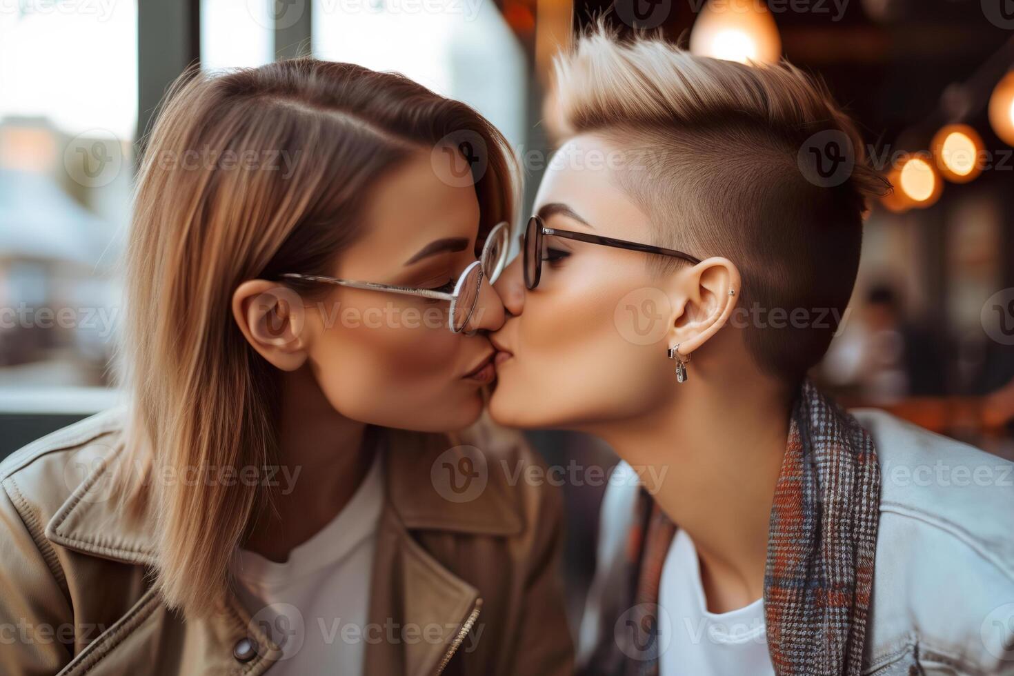 Two young women spending time together, kissing. LGBT, lesbian couple, relationship. Diversity, homosexuality. Partners with non-traditional sexual orientation. Sensual moment. . photo