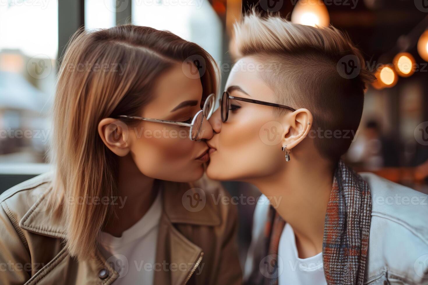 dos joven mujer gasto hora juntos, besando lesbianas, lesbiana pareja, relación. diversidad, homosexualidad. socios con No tradicional sexual orientación. sensual momento. generativo ai. foto