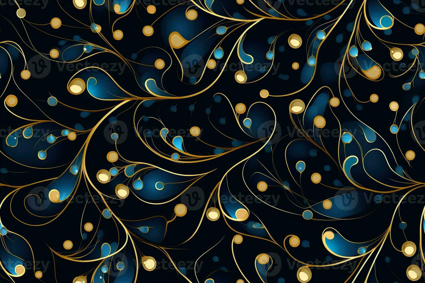 Dark seamless pattern with blue and golden ornaments. Applicable for fabric print, textile, wrapping paper, wallpaper. Vintage, classic style. Repeatable texture. Generative AI. photo