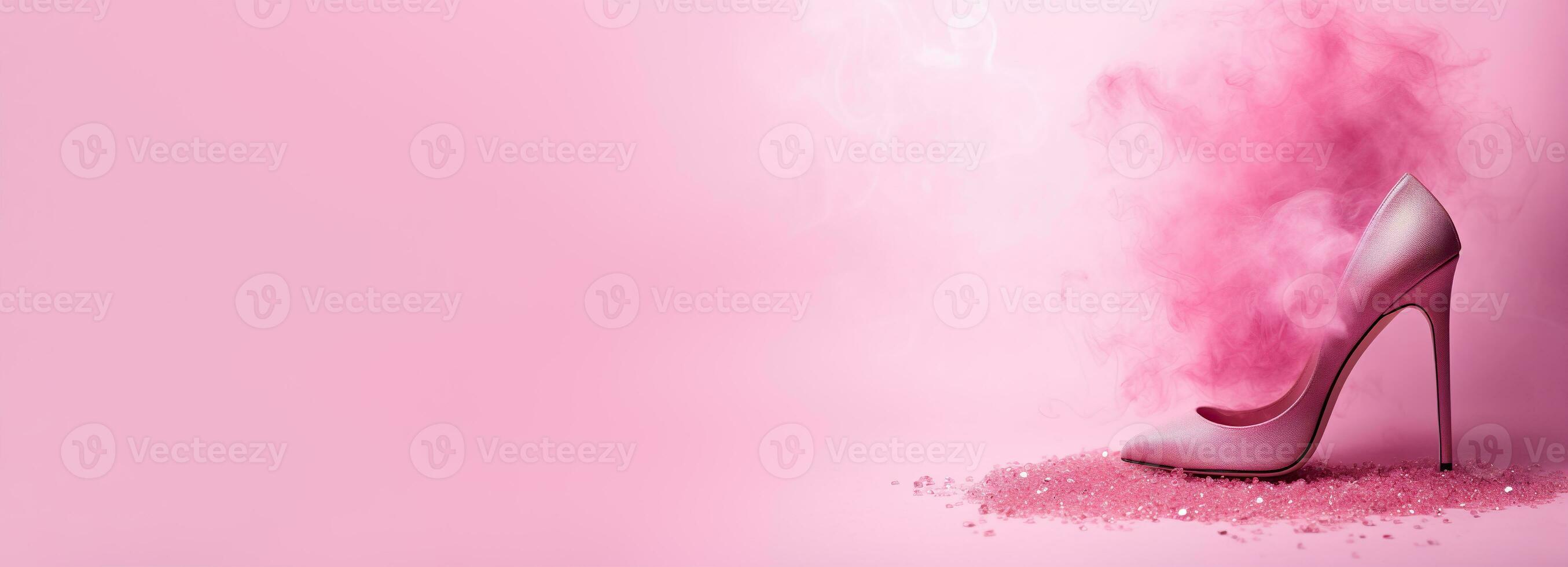 Pink background with high-heeled female shoe and copy space. Women's Day. It's a girl backdrop with empty space. Baby shower or birthday invitation, party. Baby girl birth announcement. Generative AI. photo