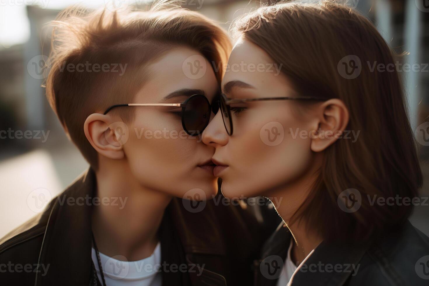 dos joven mujer gasto hora juntos, besando lesbianas, lesbiana pareja, relación. diversidad, homosexualidad. socios con No tradicional sexual orientación. sensual momento. generativo ai. foto