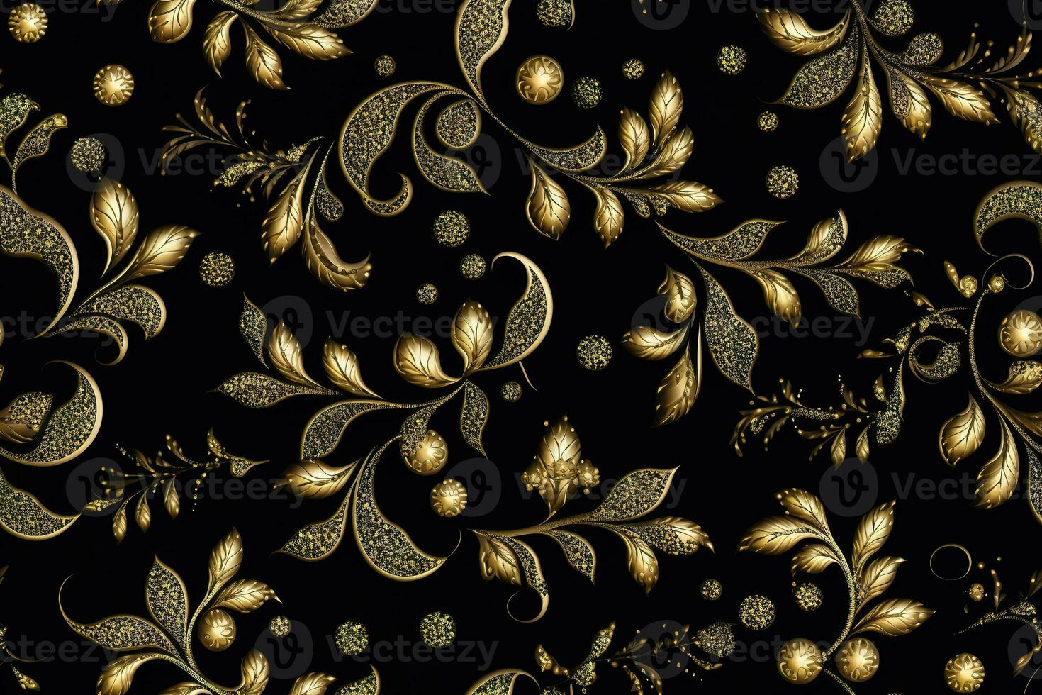 Dark seamless pattern with golden ornaments. Applicable for fabric print, textile, wrapping paper, wallpaper. Background with leaves. Vintage, classic style. Repeatable texture. Generative AI. photo