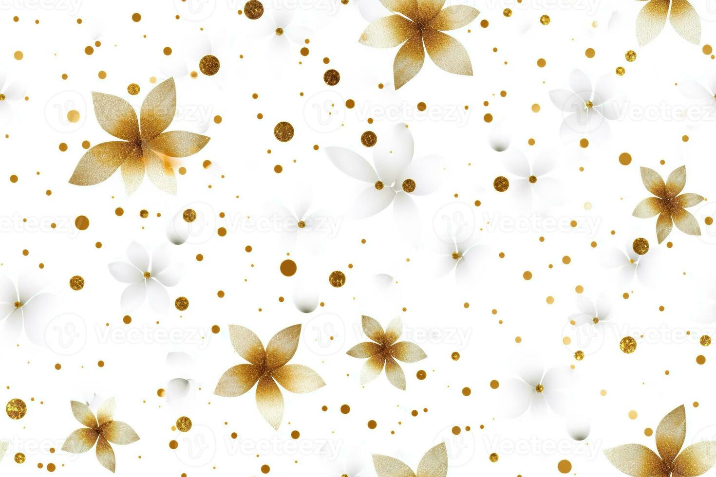 Seamless pattern with golden flowers and glitter. Applicable for fabric print, textile, wrapping paper, wallpaper. White background with shiny elements. Repeatable texture. Generative AI. photo