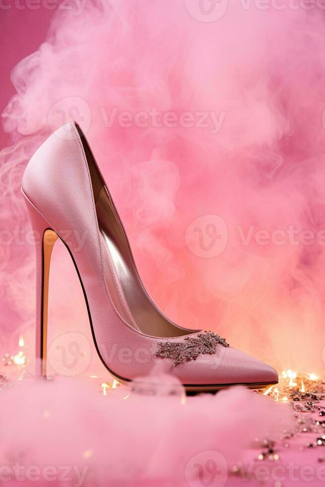 Pink background with high-heeled female shoe and copy space. Women's Day. It's a girl backdrop with empty space. Baby shower or birthday invitation, party. Baby girl birth announcement. Generative AI. photo