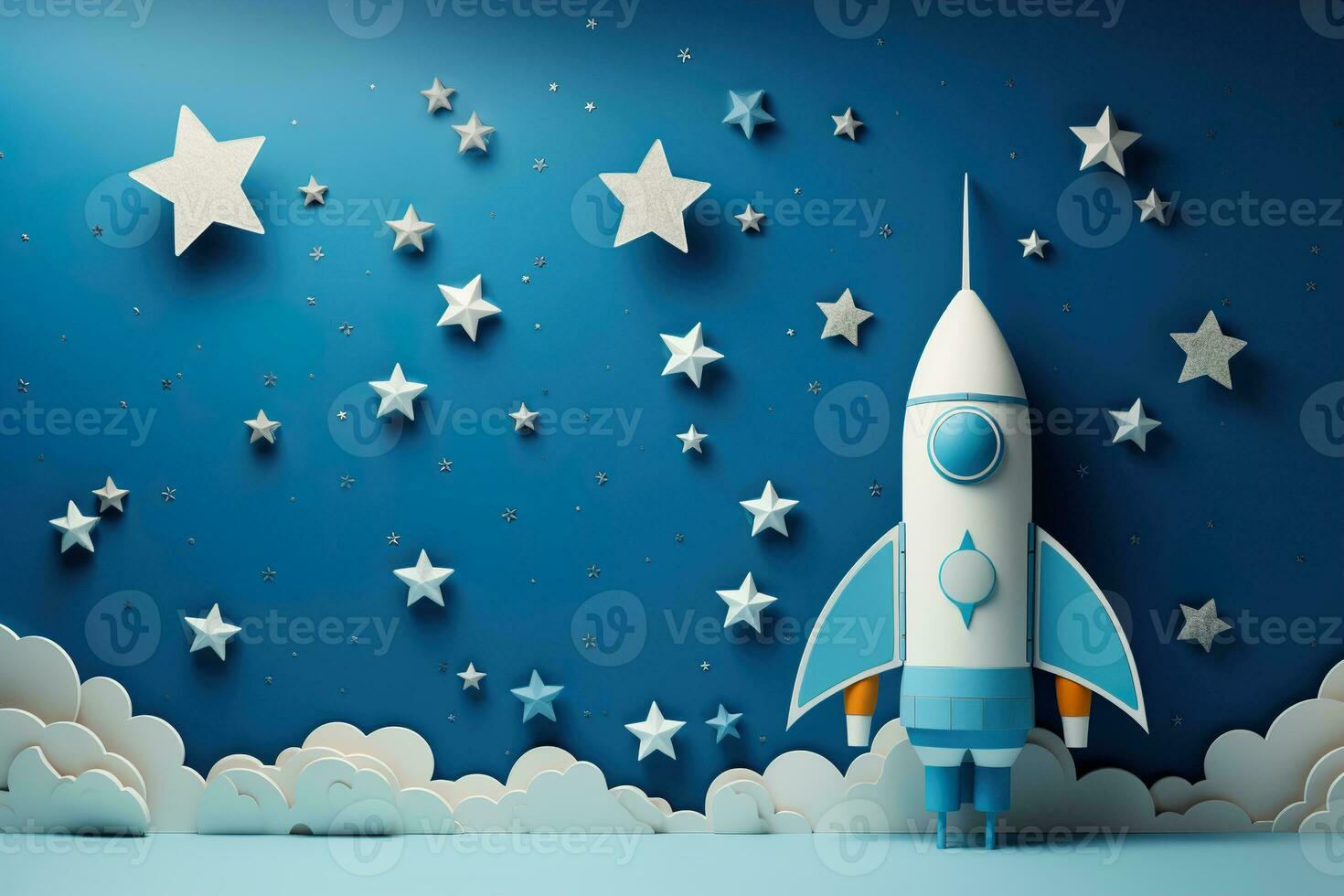 Space rocket and stars on blue background. It's a boy or Men's Day card. Baby shower or birthday invitation, party. Baby boy birth announcement. Generative AI. photo