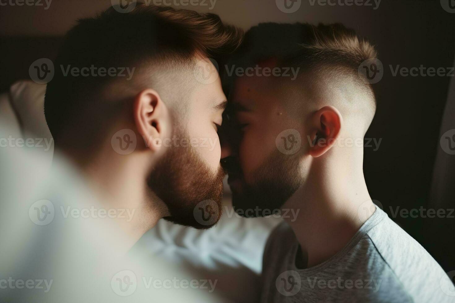 dos joven hombres gasto hora juntos, besando lesbianas, gay pareja, relación. diversidad, homosexualidad. socios con No tradicional sexual orientación. sensual momento. generativo ai. foto