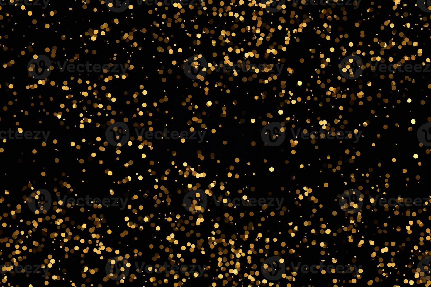 Black seamless pattern with golden glitter, sequins. Applicable for wrapping paper, print. Background with shiny sparkles, particles. Repeatable texture. Celebration, festive, event. Generative AI. photo