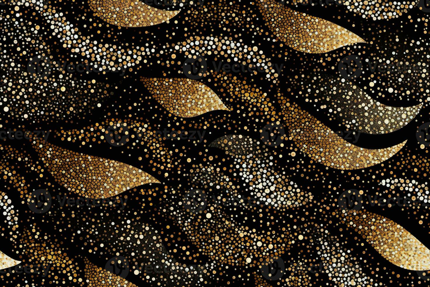 Dark seamless pattern with abstract golden leaves. Applicable for fabric print, textile, wrapping paper, wallpaper. Black background with shiny elements. Repeatable texture. Generative AI. photo