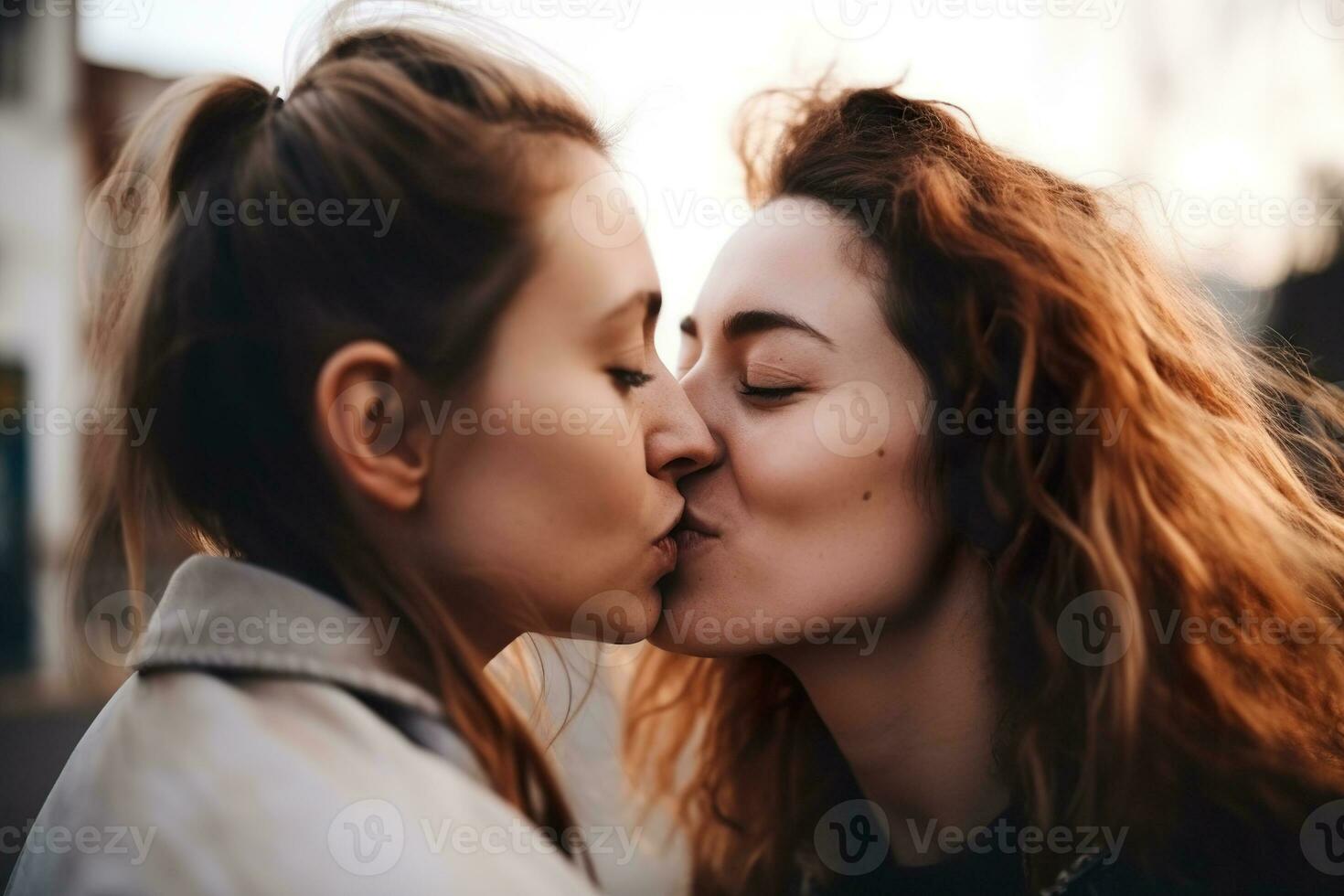 dos joven mujer gasto hora juntos, besando lesbianas, lesbiana pareja, relación. diversidad, homosexualidad. socios con No tradicional sexual orientación. sensual momento. generativo ai. foto