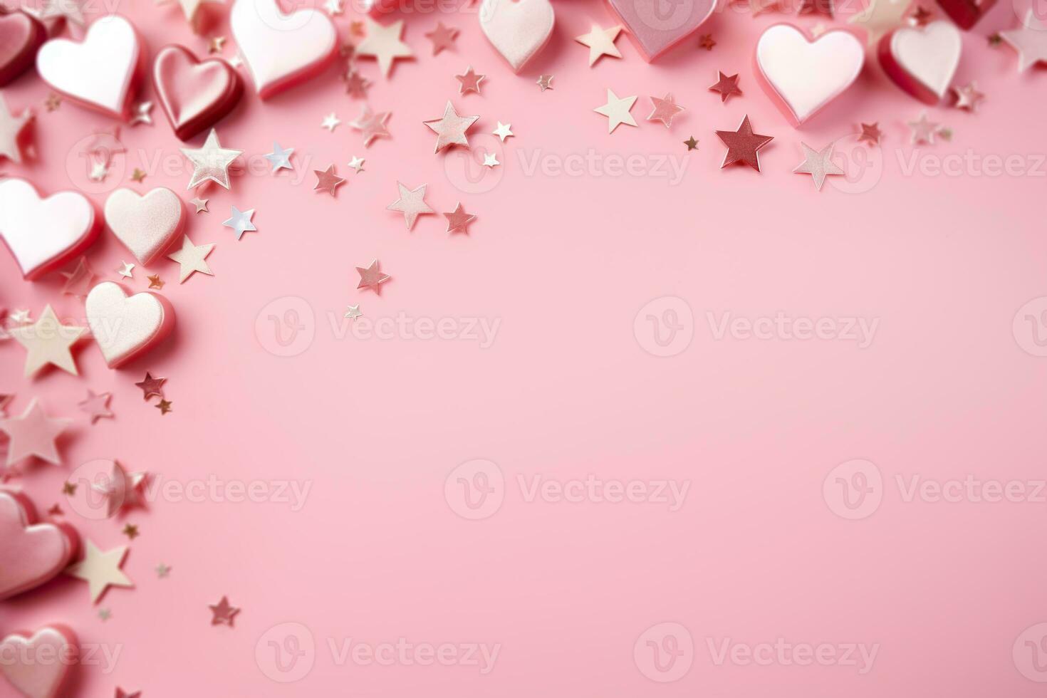 Pink background with hearts, stars and copy space. It's a girl backdrop with empty space for text. Baby shower or birthday invitation, party. Women's Day. Baby girl birth announcement. Generative AI. photo