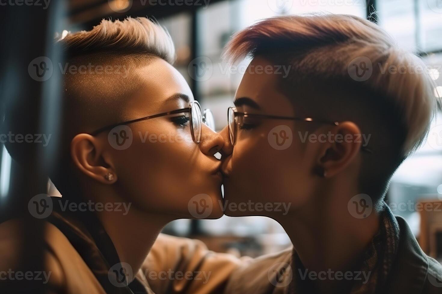 Two young women spending time together, kissing. LGBT, lesbian couple, relationship. Diversity, homosexuality. Partners with non-traditional sexual orientation. Sensual moment. Generative AI. photo