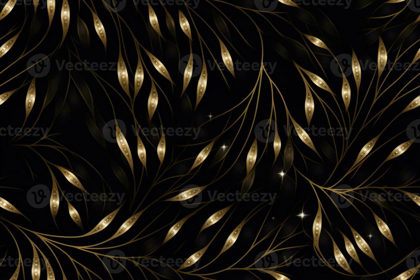 Dark seamless pattern with golden ornaments. Applicable for fabric print, textile, wrapping paper, wallpaper. Background with leaves. Vintage, classic style. Repeatable texture. Generative AI. photo