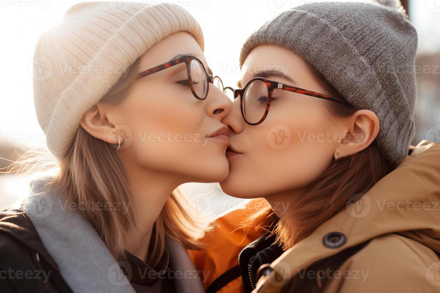 dos joven mujer gasto hora juntos, besando lesbianas, lesbiana pareja, relación. diversidad, homosexualidad. socios con No tradicional sexual orientación. sensual momento. generativo ai. foto