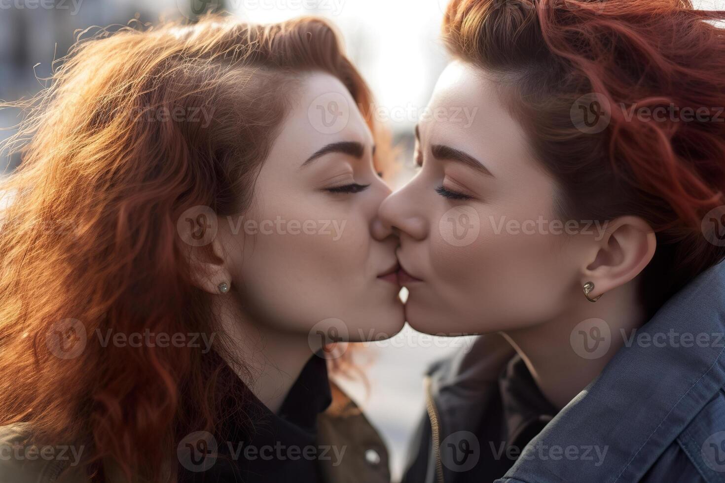 dos joven mujer gasto hora juntos, besando lesbianas, lesbiana pareja, relación. diversidad, homosexualidad. socios con No tradicional sexual orientación. sensual momento. generativo ai. foto