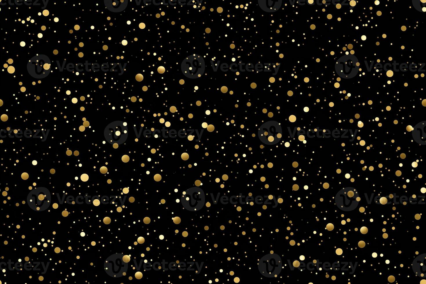 Black seamless pattern with golden glitter, sequins. Applicable for wrapping paper, print. Background with shiny sparkles, particles. Repeatable texture. Celebration, festive, event. Generative AI. photo