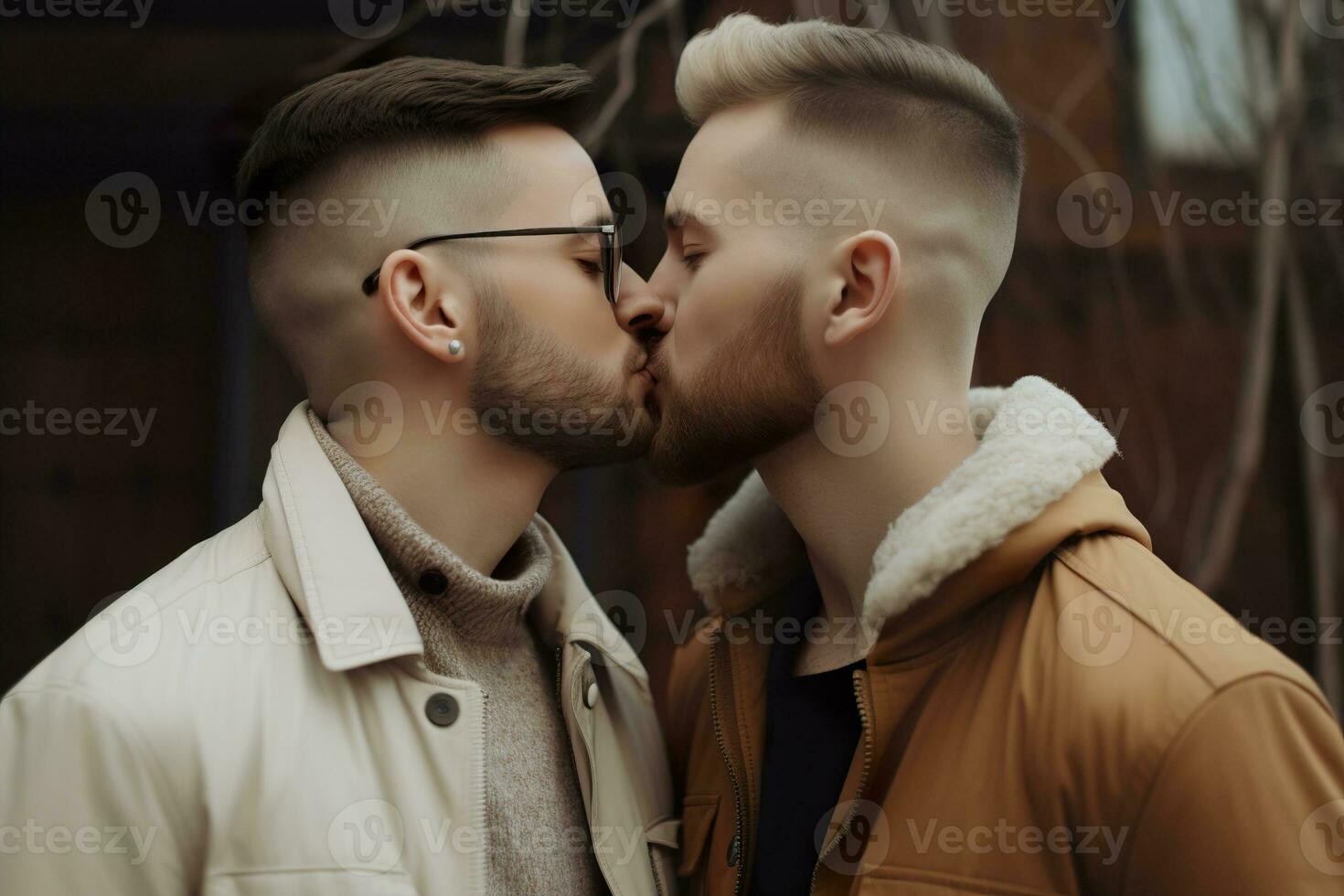 Two young men spending time together, kissing. LGBT, gay couple, relationship. Diversity, homosexuality. Partners with non-traditional sexual orientation. Sensual moment. Generative AI. photo