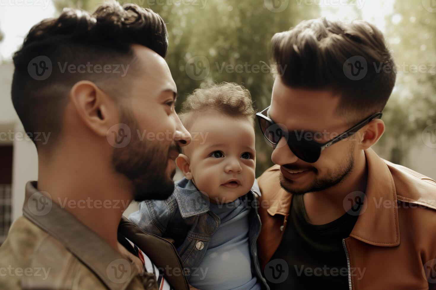 Happy gay couple with baby. LGBTQ family and relationship. Diversity, homosexuality. Partners with non-traditional sexual orientation. Sensual moment. Same sex couple having child. . photo