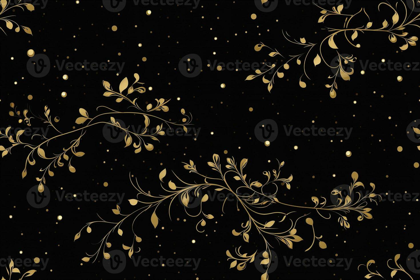Dark seamless pattern with golden ornaments. Applicable for fabric print, textile, wrapping paper, wallpaper. Background with leaves. Vintage, classic style. Repeatable texture. Generative AI. photo
