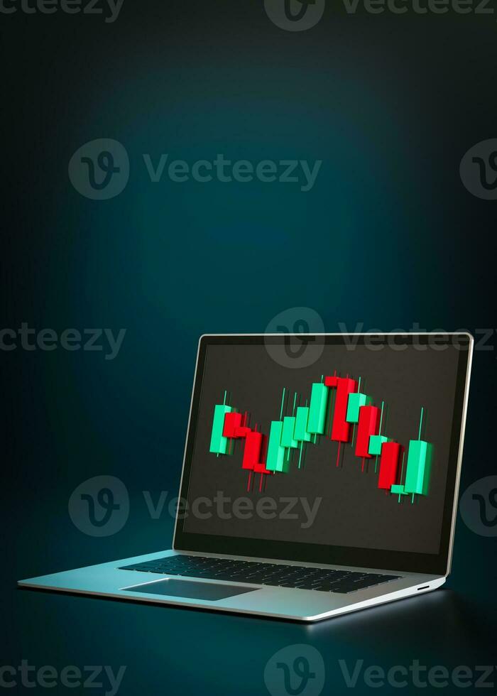 Trading chart and laptop on dark vertical background and copy space for text. Trading PC, computer. Buy, sell on stockmarket. Trader job, trade from home. Investment, finance and analysis. 3D render. photo