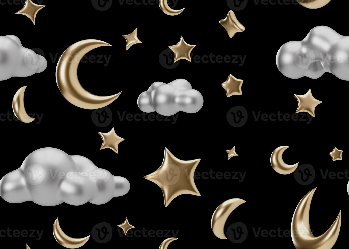 Seamless pattern with golden 3D stars, moons, clouds on black background. Applicable for fabric print, textile, wallpaper. Repeatable texture. Modern style, pattern for bedding, clothes. 3D render. photo