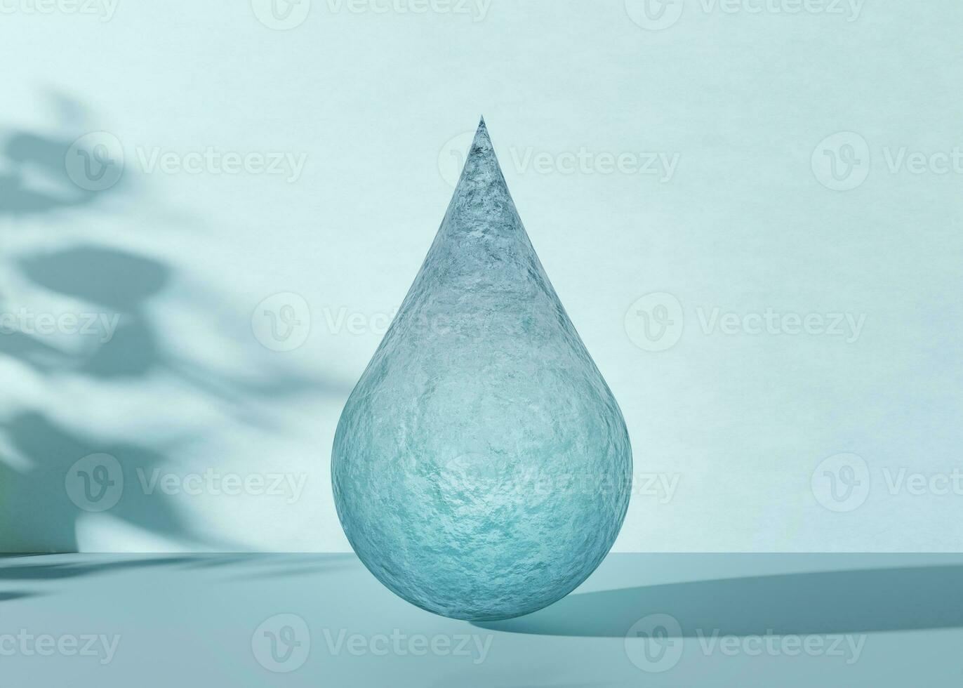 Realistic water drop on blue background. Close-up view. Aqua drop, liquid. Save water - ecology concept. Importance of water for health and nature. 3D rendering. photo