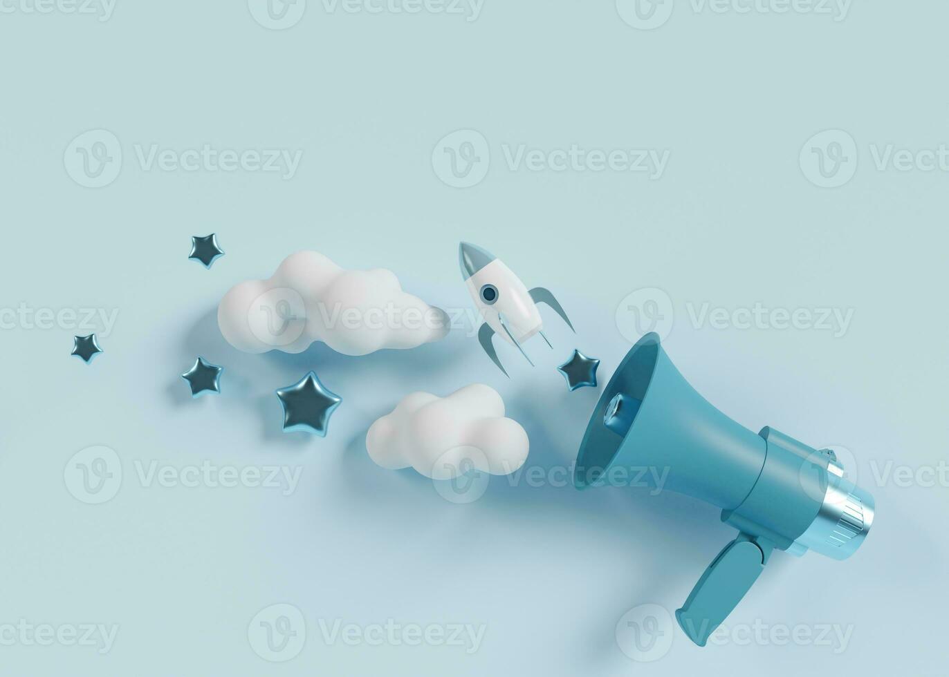 Blue megaphone with rocket, clouds, stars and copy space above. It's a boy backdrop with empty space for text. Baby shower or birthday invitation, party. Baby boy birth announcement. 3D render. photo