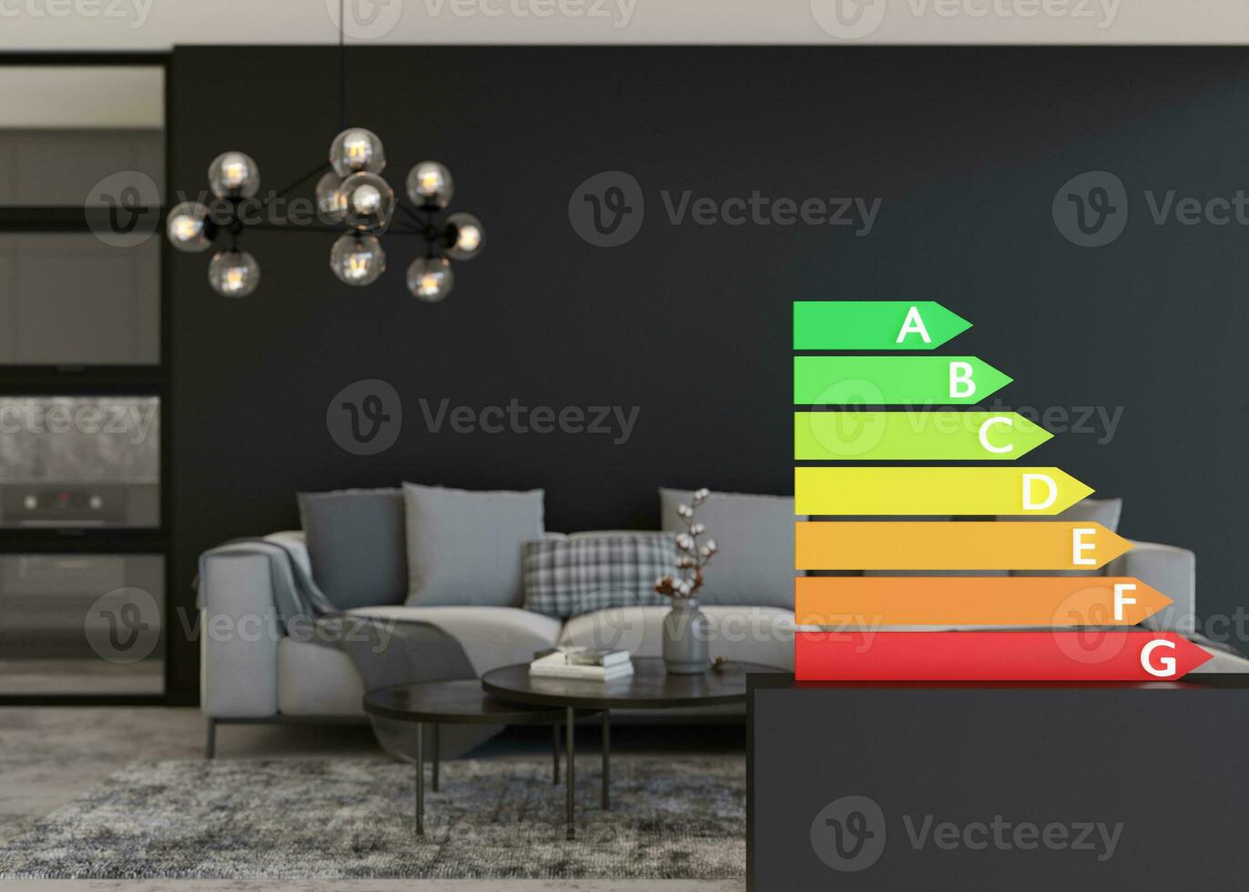 Energy efficiency rating chart and home interior. Ecological and bio energetic house. Energy class, performance certificate, rating graph. Eco friendly, energy saving. 3d rendering. photo