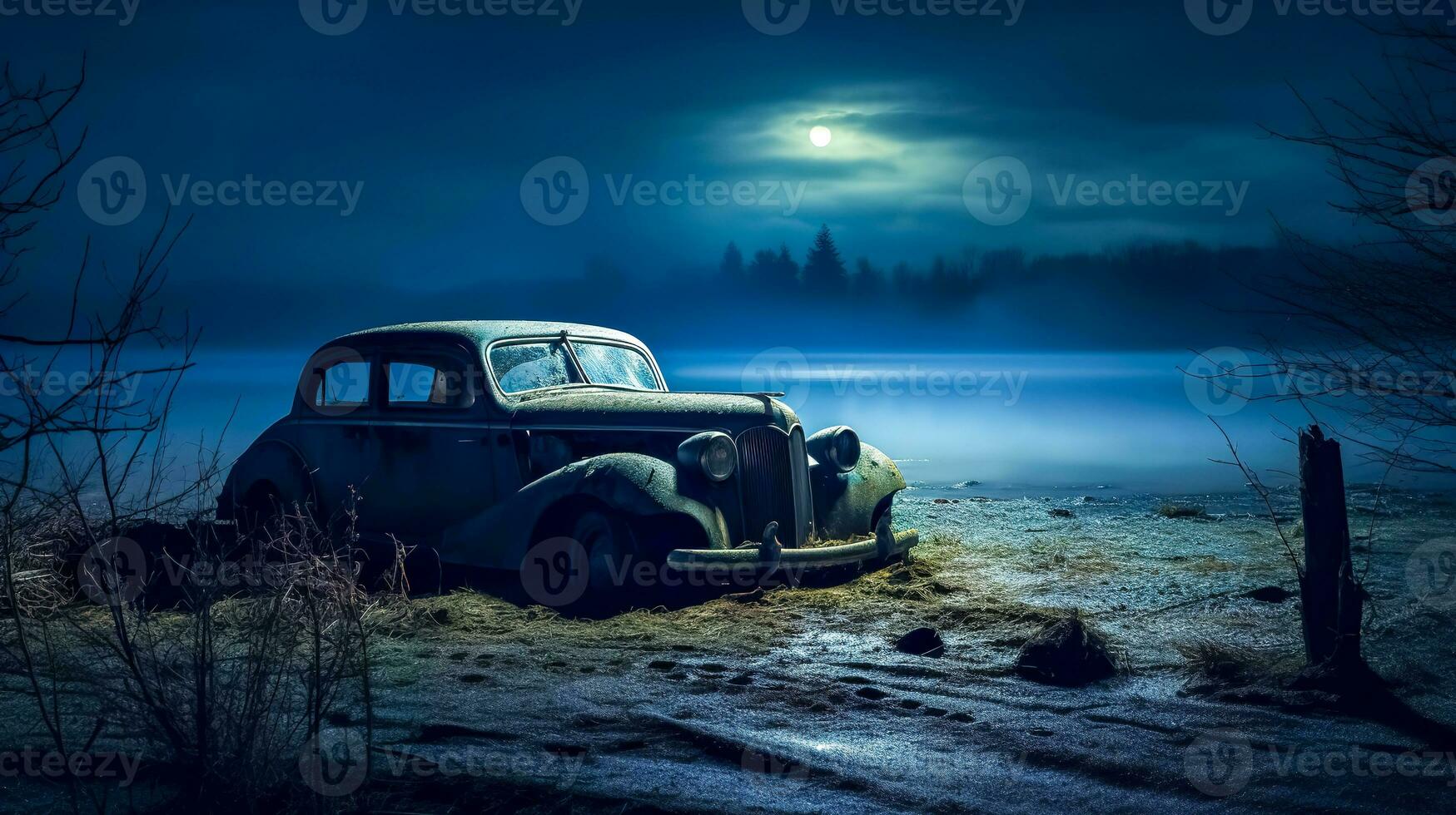 retro old car on the shore of the lake at night with moon light, banner made with Generative AI photo