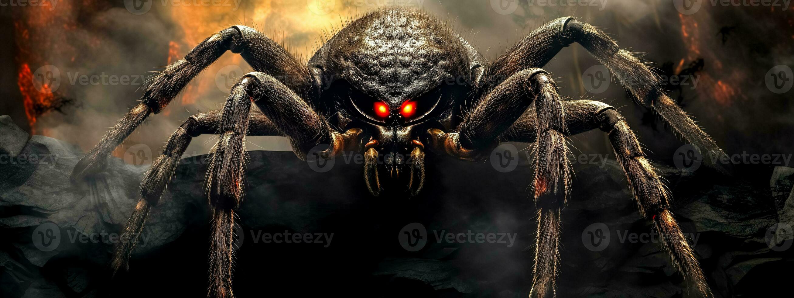 arachnophobia fear of spiders, scary scary monster in the shape of a spider in the forest, made with Generative AI photo