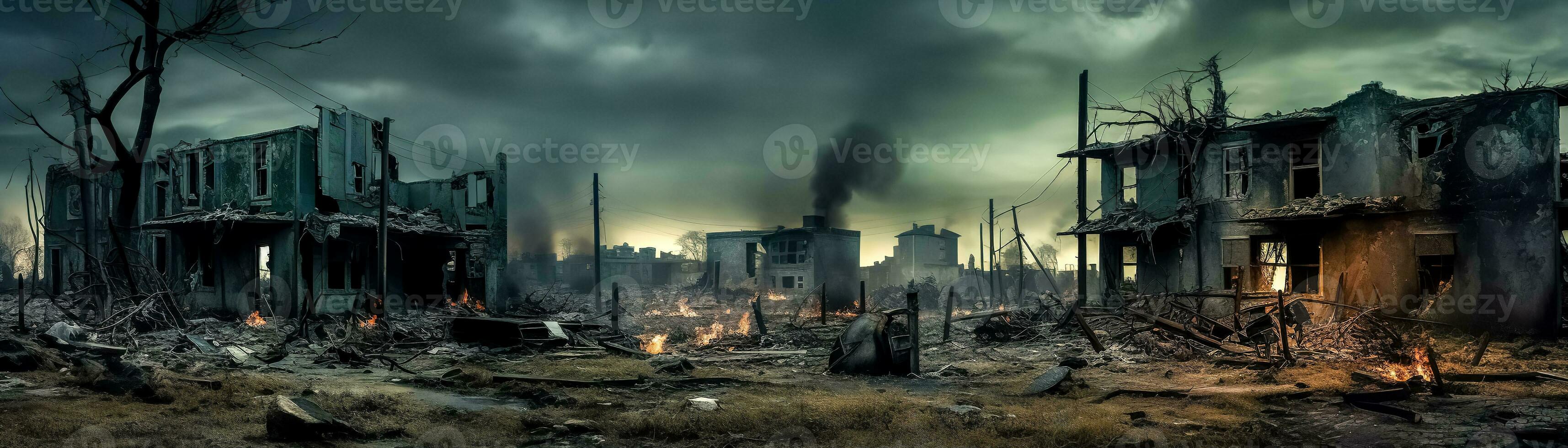 destroyed and burned spooky city, banner made with Generative AI photo