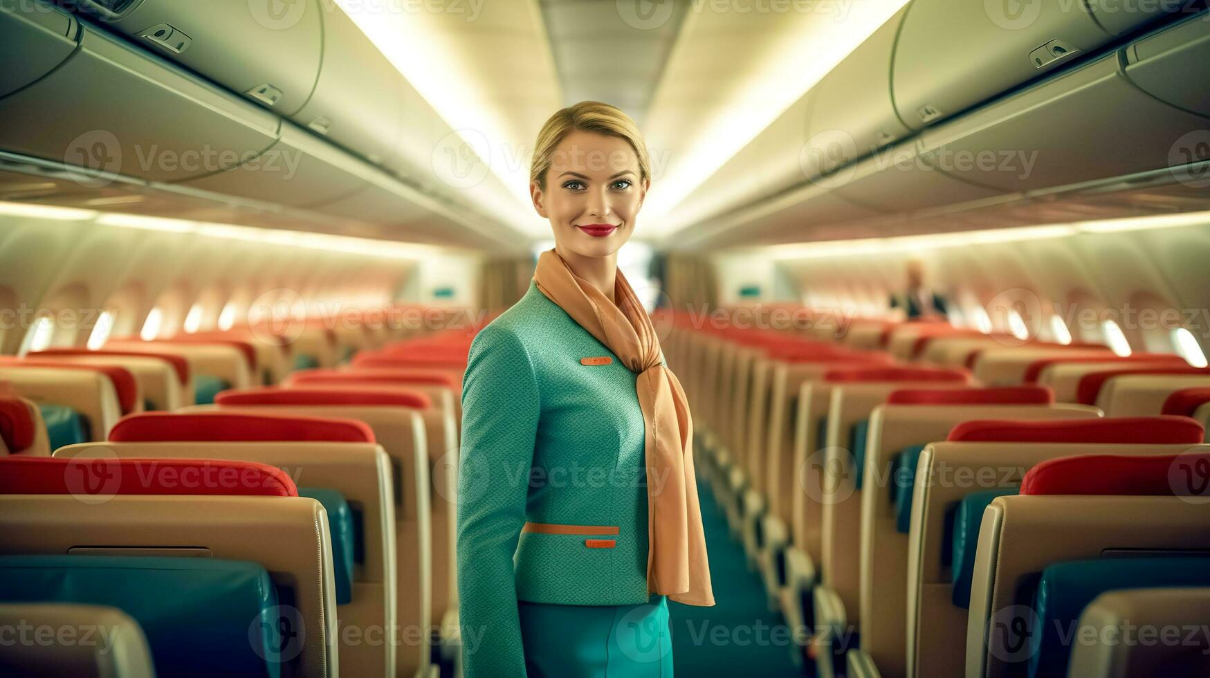 flight attendant on modern board the plane, made with Generative AI photo