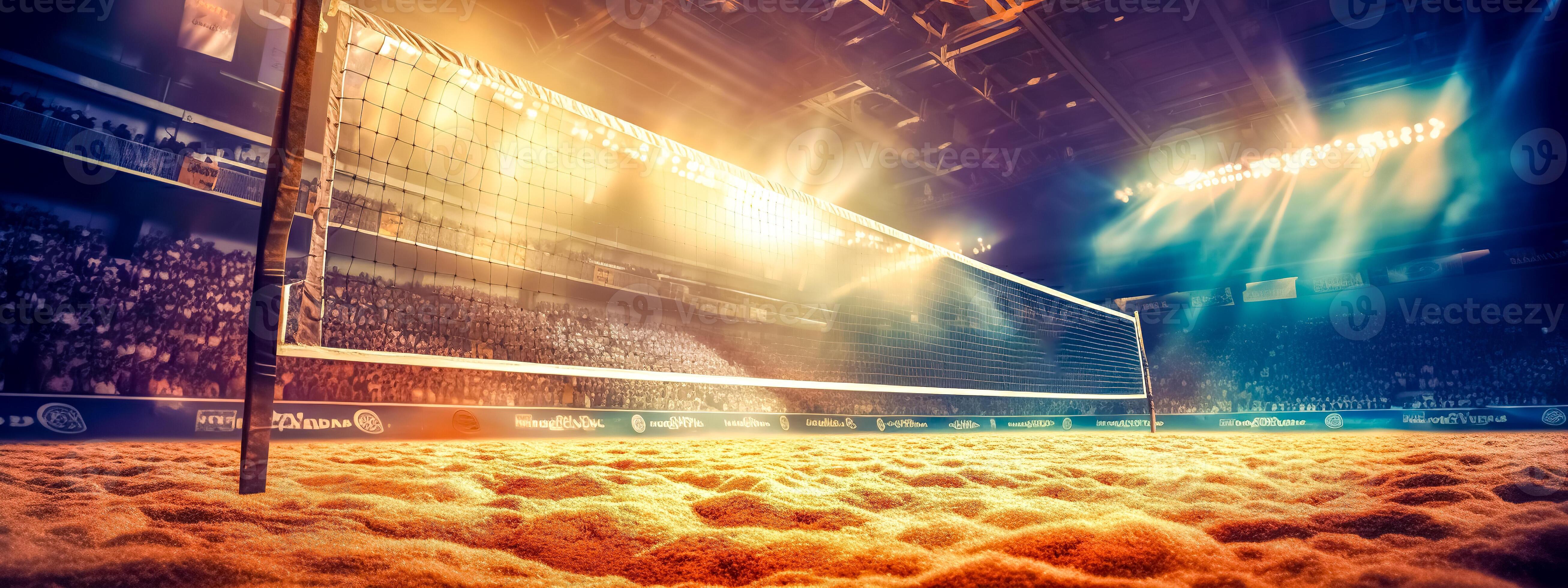 sandy beach volleyball courts, sports matches at sunset, banner made
