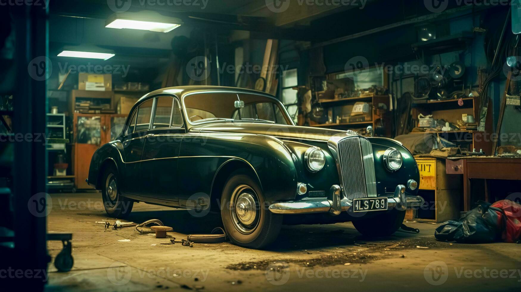 retro historic veteran car in garage with workshop, banner made with Generative AI photo