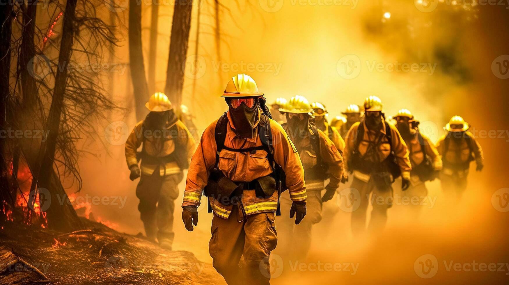 brave volunteer firefighters on forest fires, warming and climate change, made with Generative AI photo