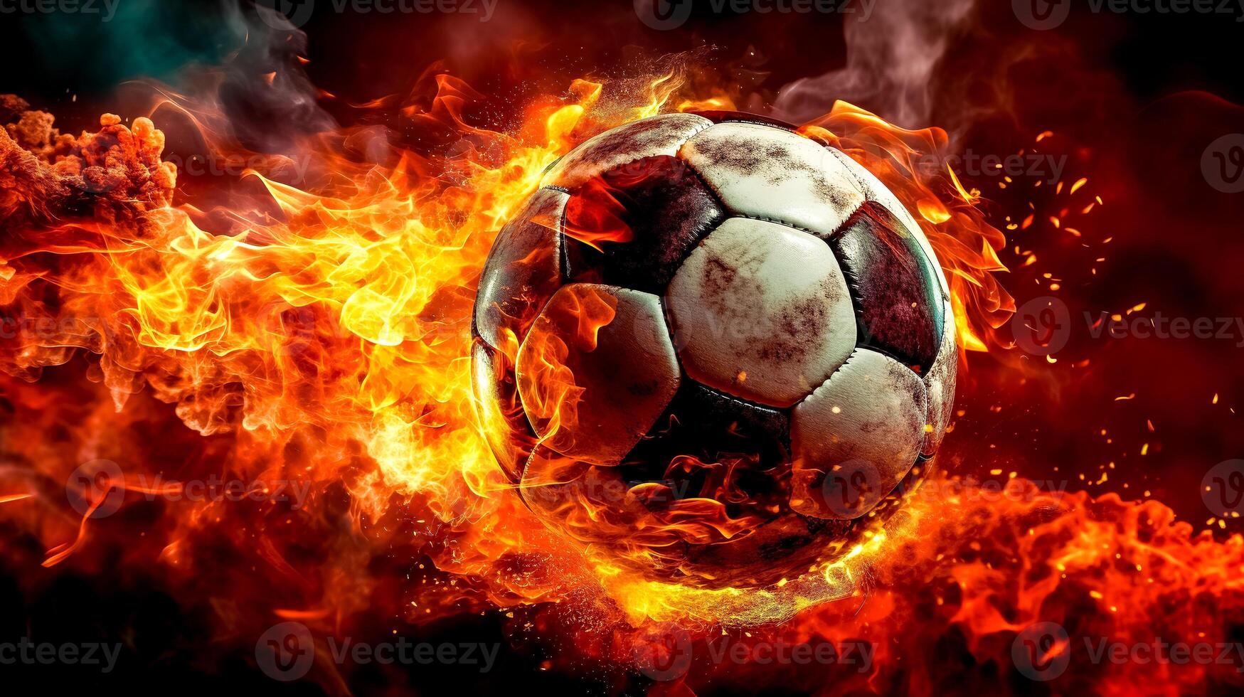 abstract soccer ball in a red explosion of fire energy and movement, sports performance, made with Generative AI photo