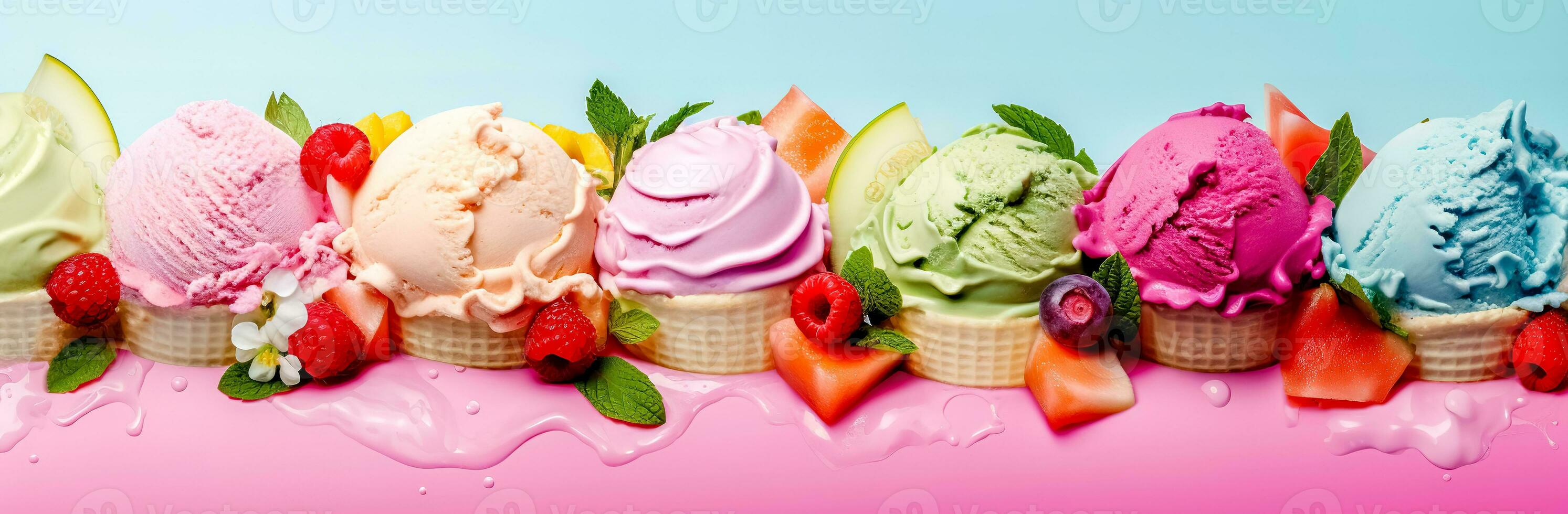 colorful fruit ice cream of different flavors with fresh fruit, pink banner made with Generative AI photo