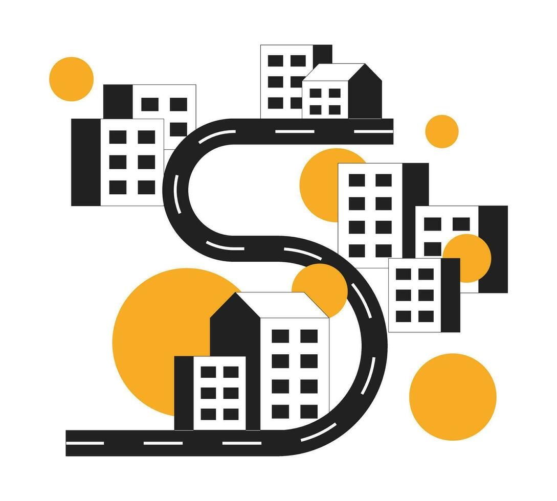 Serpentine road through city monochrome flat vector object. Residential buildings. Editable black and white thin line icon. Simple cartoon clip art spot illustration for web graphic design