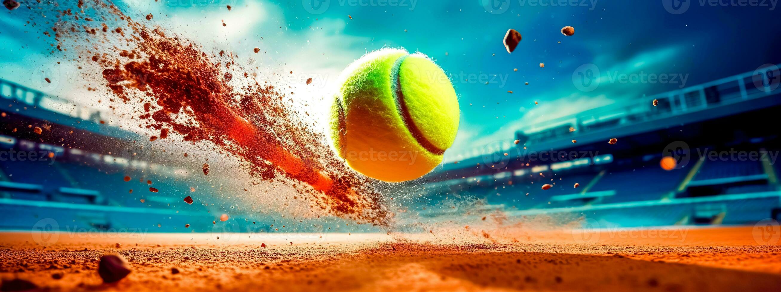 tennis ball hitting clay courts at high speed, banner made with Generative AI photo