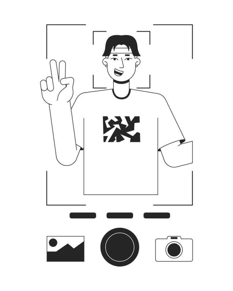 Man showing v sign and taking photo bw concept vector spot illustration. Selfie 2D cartoon flat line monochromatic character for web UI design. Editable isolated outline hero image