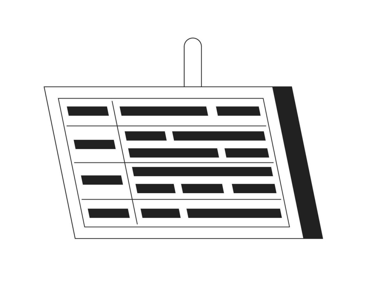 Timetable on display monochrome flat vector object. Flight information. Editable black and white thin line icon. Simple cartoon clip art spot illustration for web graphic design