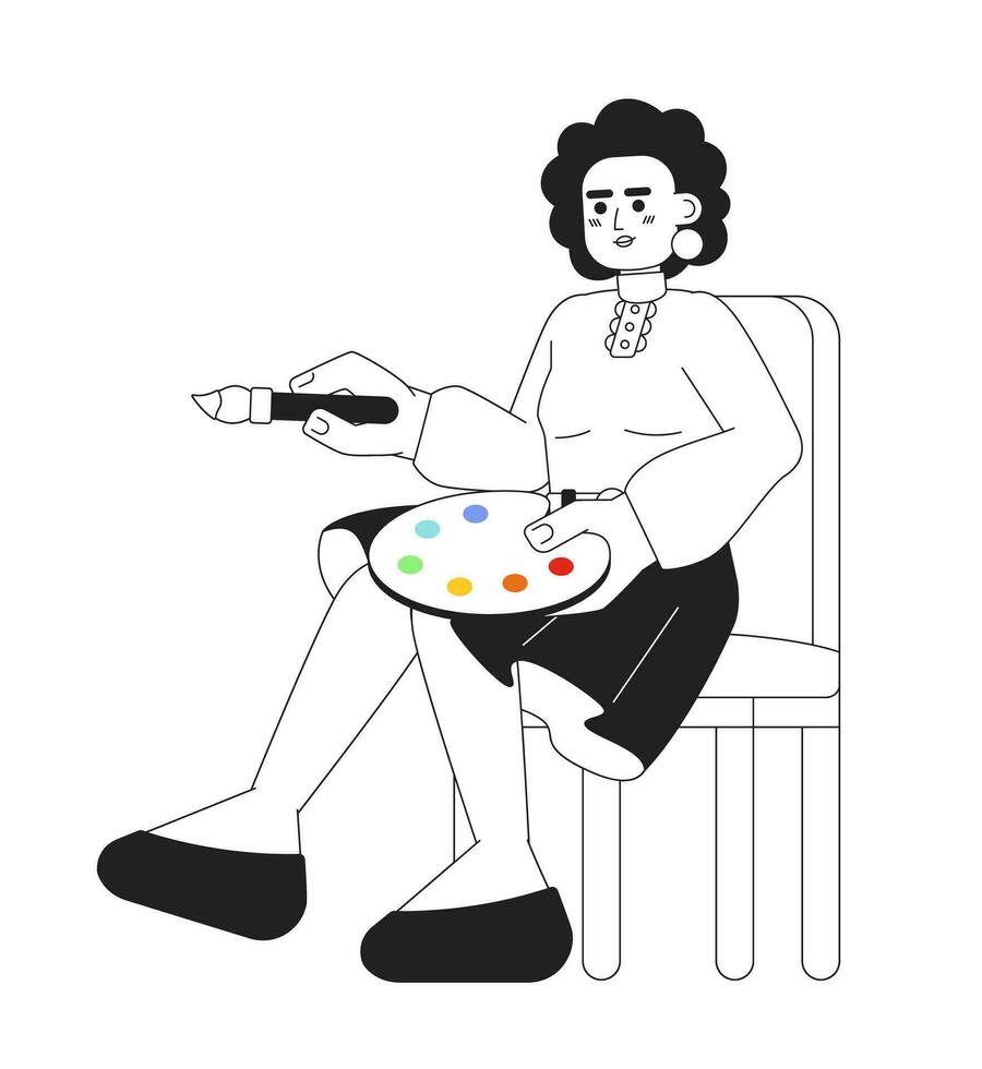 Happy artist holding paintbrush monochromatic flat vector character. Editable thin line full body african american woman sitting on white. Simple bw cartoon spot image for web graphic design