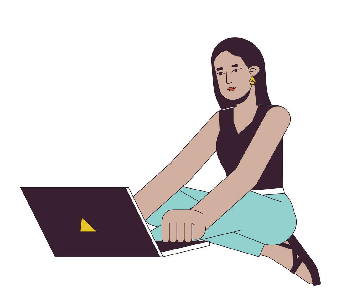 Middle eastern young adult woman with laptop flat line color vector character. Editable outline full body person on white. Sitting watching simple cartoon spot illustration for web graphic design